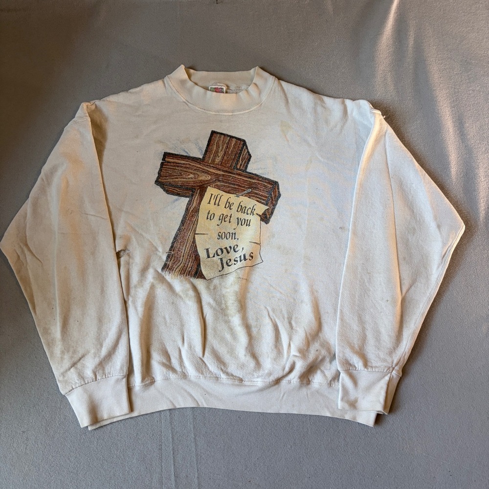Vintage Fruit of the Loom Best Jesus Cross Graphic Sweatshirt White XL